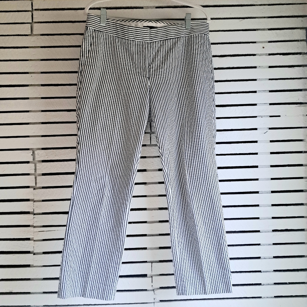 J Crew Cotton Seersucker Stripe Straight Crop Pant Navy Blue White Sz8
